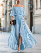 Black Off Shoulder Chiffon Slit Maxi Dress