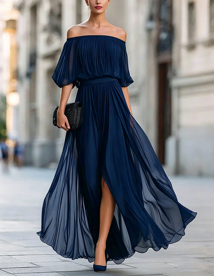 Black Off Shoulder Chiffon Slit Maxi Dress
