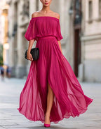 Black Off Shoulder Chiffon Slit Maxi Dress