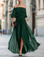 Black Off Shoulder Chiffon Slit Maxi Dress