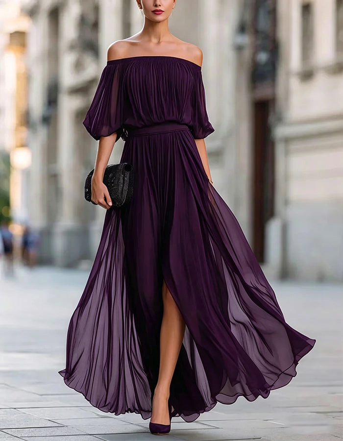 Black Off Shoulder Chiffon Slit Maxi Dress