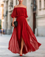 Black Off Shoulder Chiffon Slit Maxi Dress
