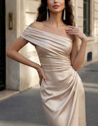 Solid Color One Shoulder Satin Gathered Slit Midi Dress