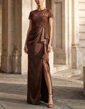 Coffee Lace Trimmed Satin With Pleats And Slits Maxi Dress