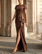 Coffee Lace Trimmed Satin With Pleats And Slits Maxi Dress