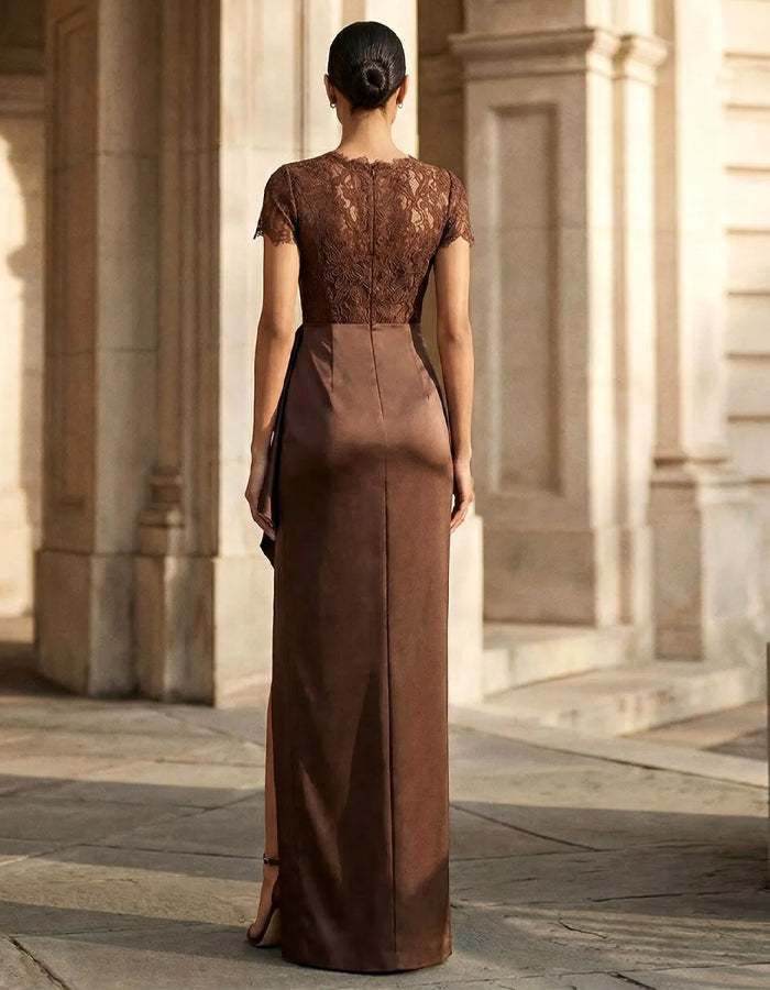 Coffee Lace Trimmed Satin With Pleats And Slits Maxi Dress