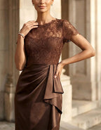 Coffee Lace Trimmed Satin With Pleats And Slits Maxi Dress