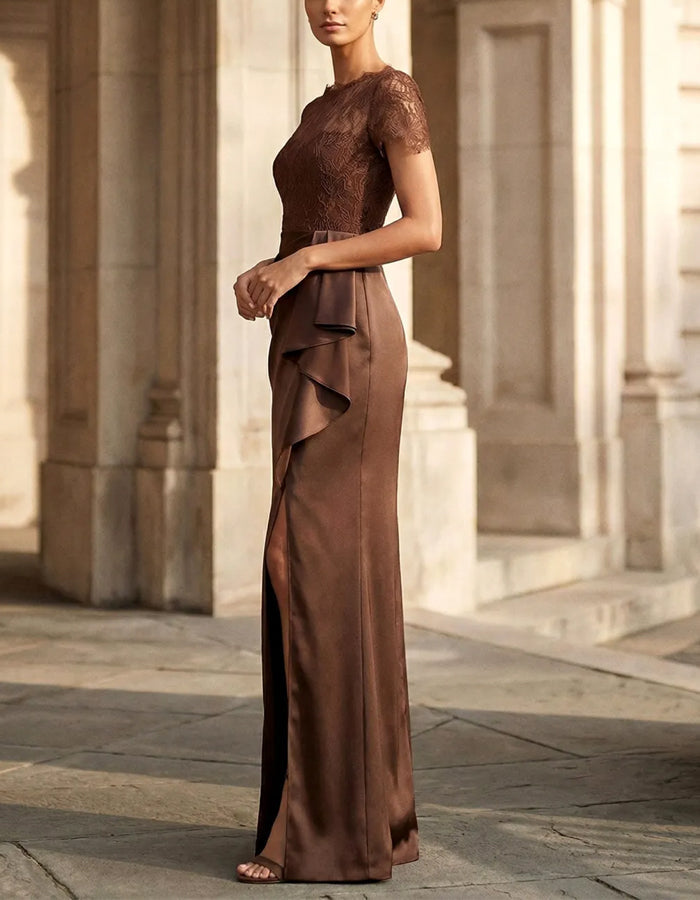 Coffee Lace Trimmed Satin With Pleats And Slits Maxi Dress