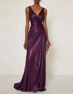 Solid Color V-neck Pleated Glossy Satin Fishtail Maxi Dress