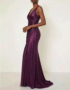 Solid Color V-neck Pleated Glossy Satin Fishtail Maxi Dress