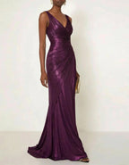 Solid Color V-neck Pleated Glossy Satin Fishtail Maxi Dress