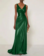 Solid Color V-neck Pleated Glossy Satin Fishtail Maxi Dress