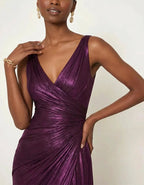 Solid Color V-neck Pleated Glossy Satin Fishtail Maxi Dress