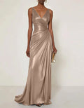 Solid Color V-neck Pleated Glossy Satin Fishtail Maxi Dress