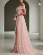 Solid Color Off Shoulder Mesh Ruching And Slit  Maxi Dress