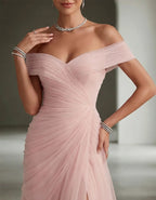 Solid Color Off Shoulder Mesh Ruching And Slit  Maxi Dress