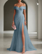 Solid Color Off Shoulder Mesh Ruching And Slit  Maxi Dress