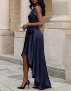 Solid Color Off Shoulder Satin Tie Maxi Dress