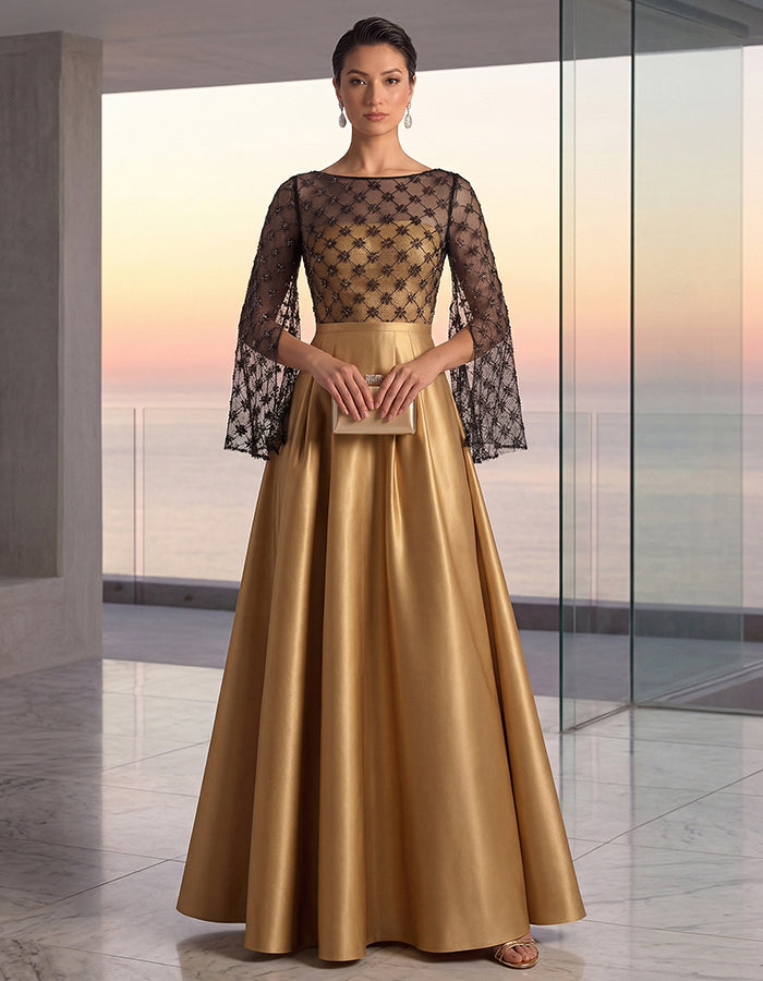 Black And Gold Color-blocked Sheer Lace Sleeves And Satin Maxi Dress