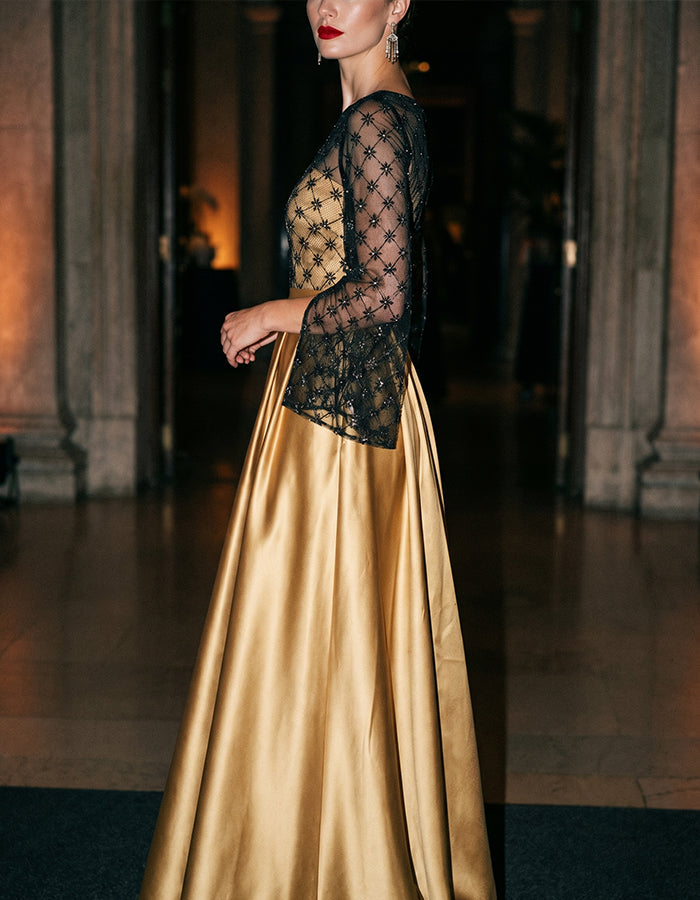 Black And Gold Color-blocked Sheer Lace Sleeves And Satin Maxi Dress