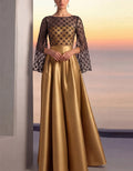Black And Gold Color-blocked Sheer Lace Sleeves And Satin Maxi Dress