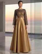 Black And Gold Color-blocked Sheer Lace Sleeves And Satin Maxi Dress
