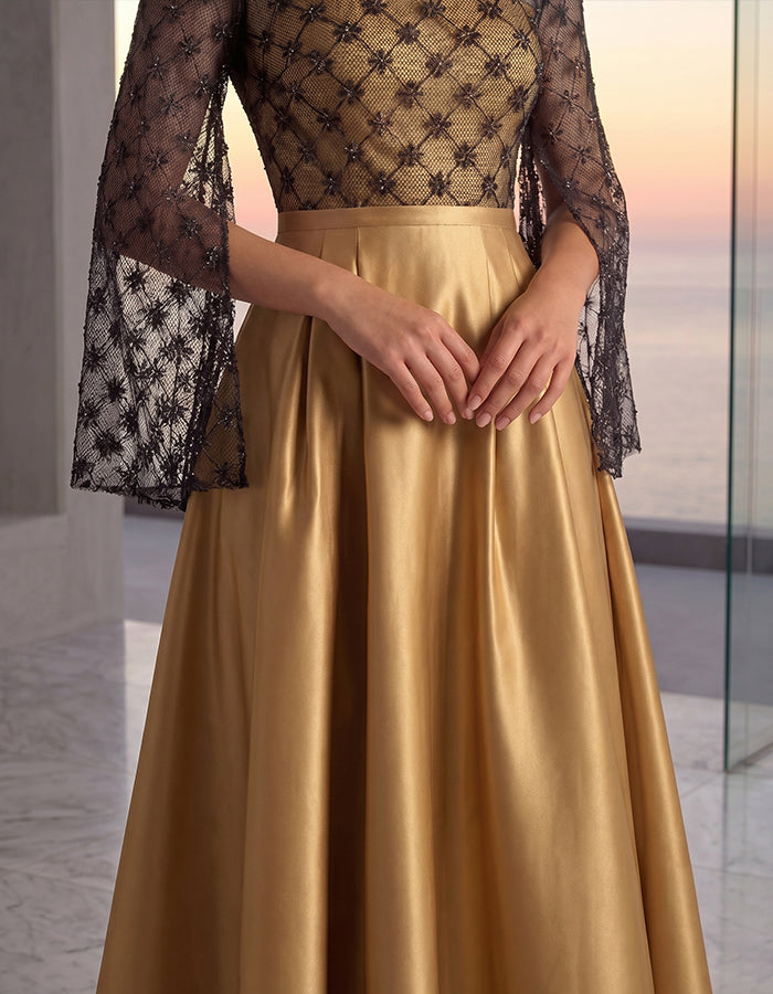 Black And Gold Color-blocked Sheer Lace Sleeves And Satin Maxi Dress