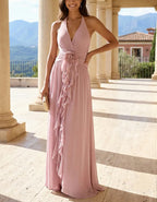 Pink Halter Neck 3D Floral Chiffon Maxi Dress