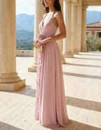 Pink Halter Neck 3D Floral Chiffon Maxi Dress