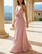 Pink Halter Neck 3D Floral Chiffon Maxi Dress