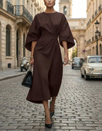 Solid Color Lantern Sleeves With A Cinched Waist Midi Dress