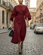 Solid Color Lantern Sleeves With A Cinched Waist Midi Dress