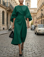 Solid Color Lantern Sleeves With A Cinched Waist Midi Dress