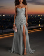 Silver Sequined Strapless Ruched Maxi Dress