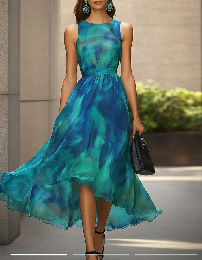 Tie Dye Sleeveless Fitted Waist Irregular Flared Chiffon Maxi Dress