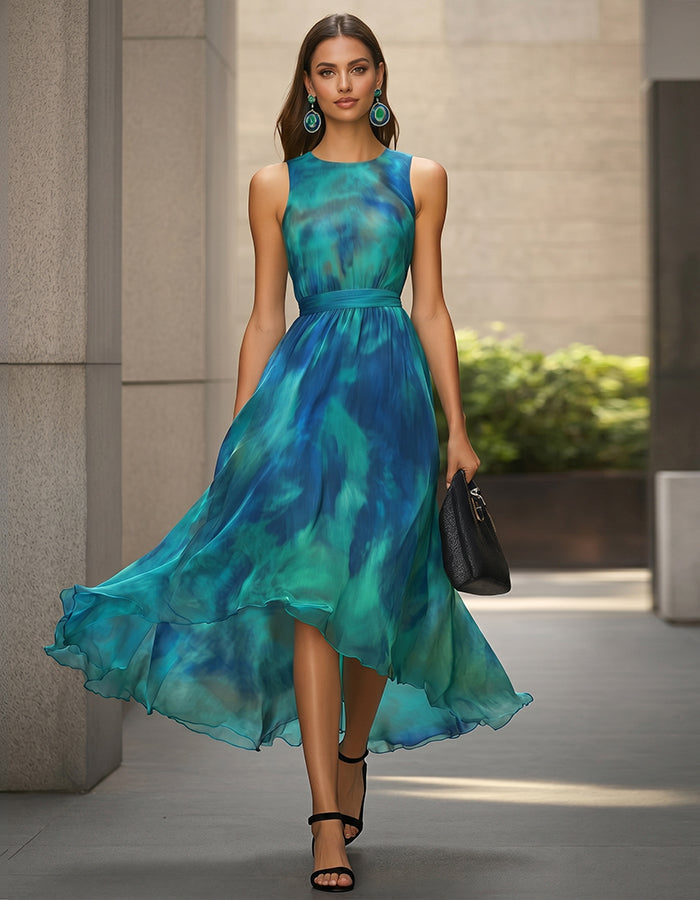 Tie Dye Sleeveless Fitted Waist Irregular Flared Chiffon Maxi Dress