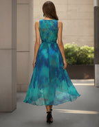 Tie Dye Sleeveless Fitted Waist Irregular Flared Chiffon Maxi Dress
