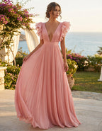 Pink Deep V-Neck Flutter Sleeve Pleated Chiffon Maxi Dress