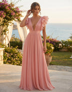 Pink Deep V-Neck Flutter Sleeve Pleated Chiffon Maxi Dress