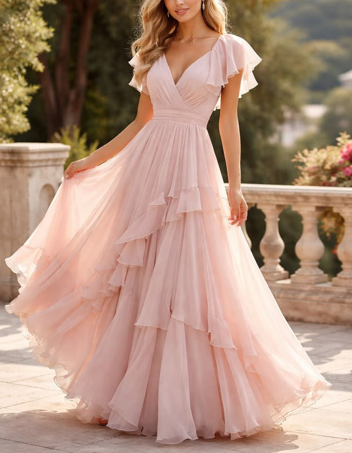 Rosa Maxikleid aus Chiffon mit V-Ausschnitt, Rüschenärmeln und Lagen-Optik