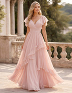 Rosa Maxikleid aus Chiffon mit V-Ausschnitt, Rüschenärmeln und Lagen-Optik