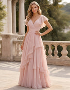Rosa Maxikleid aus Chiffon mit V-Ausschnitt, Rüschenärmeln und Lagen-Optik