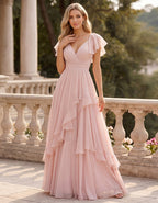Rosa Maxikleid aus Chiffon mit V-Ausschnitt, Rüschenärmeln und Lagen-Optik