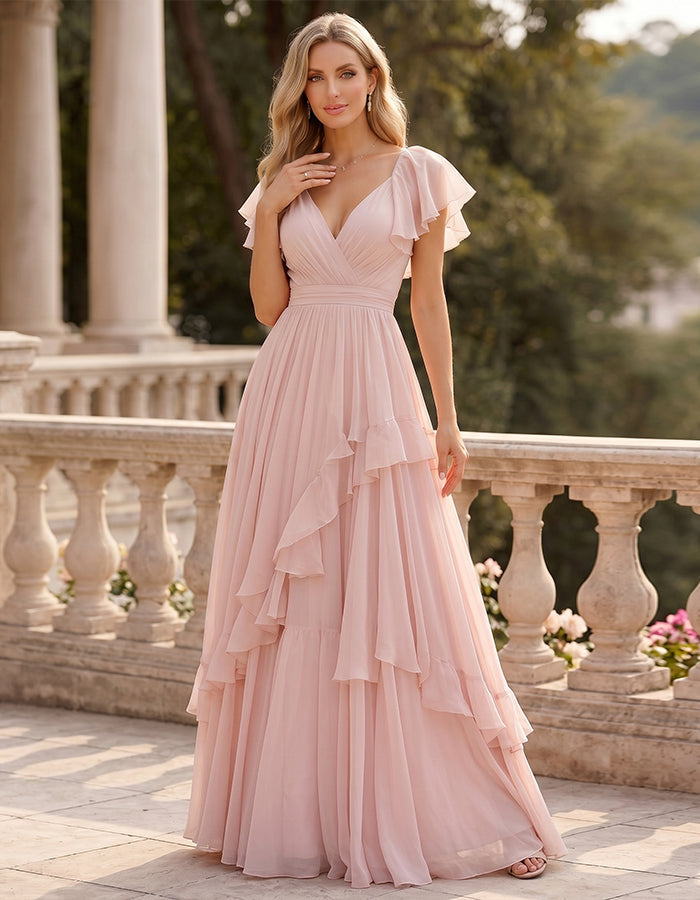 Rosa Maxikleid aus Chiffon mit V-Ausschnitt, Rüschenärmeln und Lagen-Optik