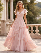 Rosa Maxikleid aus Chiffon mit V-Ausschnitt, Rüschenärmeln und Lagen-Optik