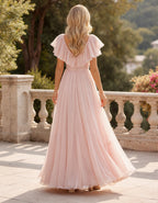 Rosa Maxikleid aus Chiffon mit V-Ausschnitt, Rüschenärmeln und Lagen-Optik
