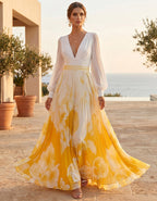 Robe longue imprimée à col en V, manches lanternes et détails plissés, blanc et jaune
