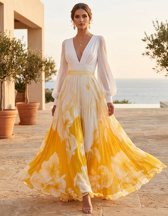 Robe longue imprimée à col en V, manches lanternes et détails plissés, blanc et jaune