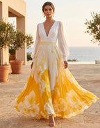 Robe longue imprimée à col en V, manches lanternes et détails plissés, blanc et jaune