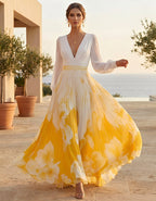 Robe longue imprimée à col en V, manches lanternes et détails plissés, blanc et jaune